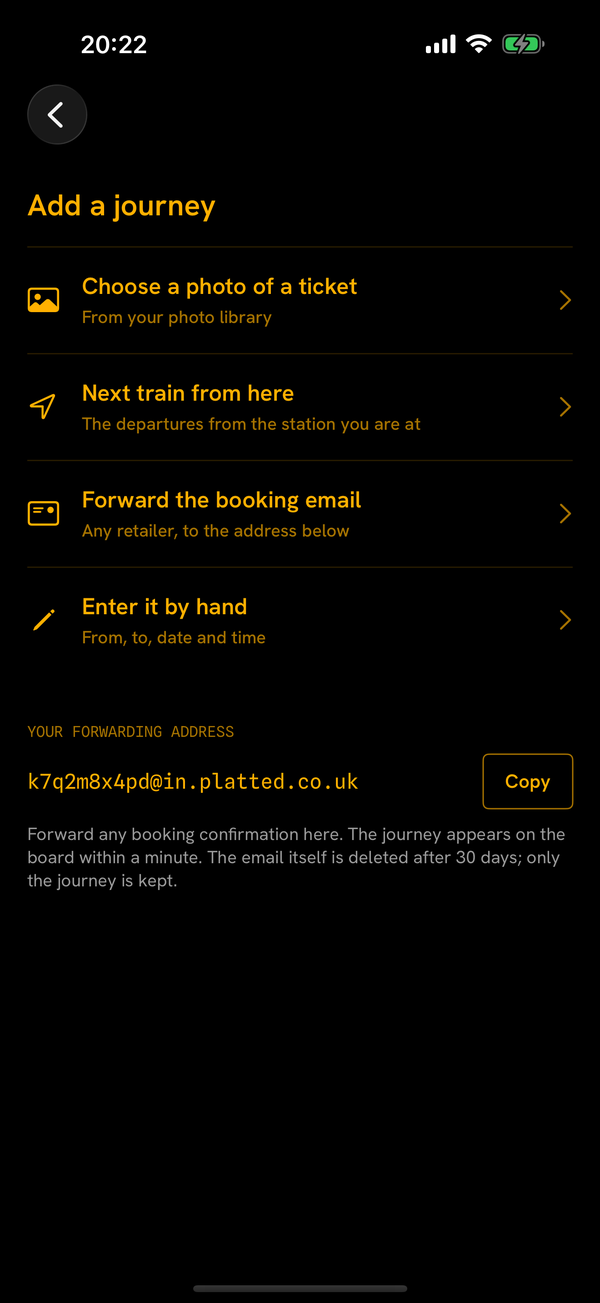 The Add screen: choose a photo of a ticket, next train from here, forward the booking email, or enter it by hand, with your forwarding address below.