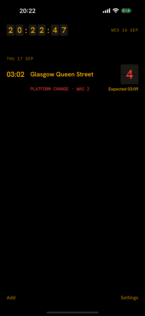 A board row in red: the 03:02 to Glasgow Queen Street, platform 4, platform change, was 2.