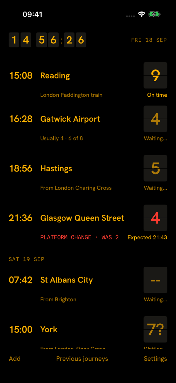 The board: three trains with their platforms, one bright and confirmed, one dim and planned, one waiting.