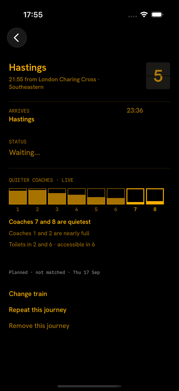 Quieter coaches, live: eight coaches drawn as boxes filled by how full they are, coaches 7 and 8 marked as quietest.