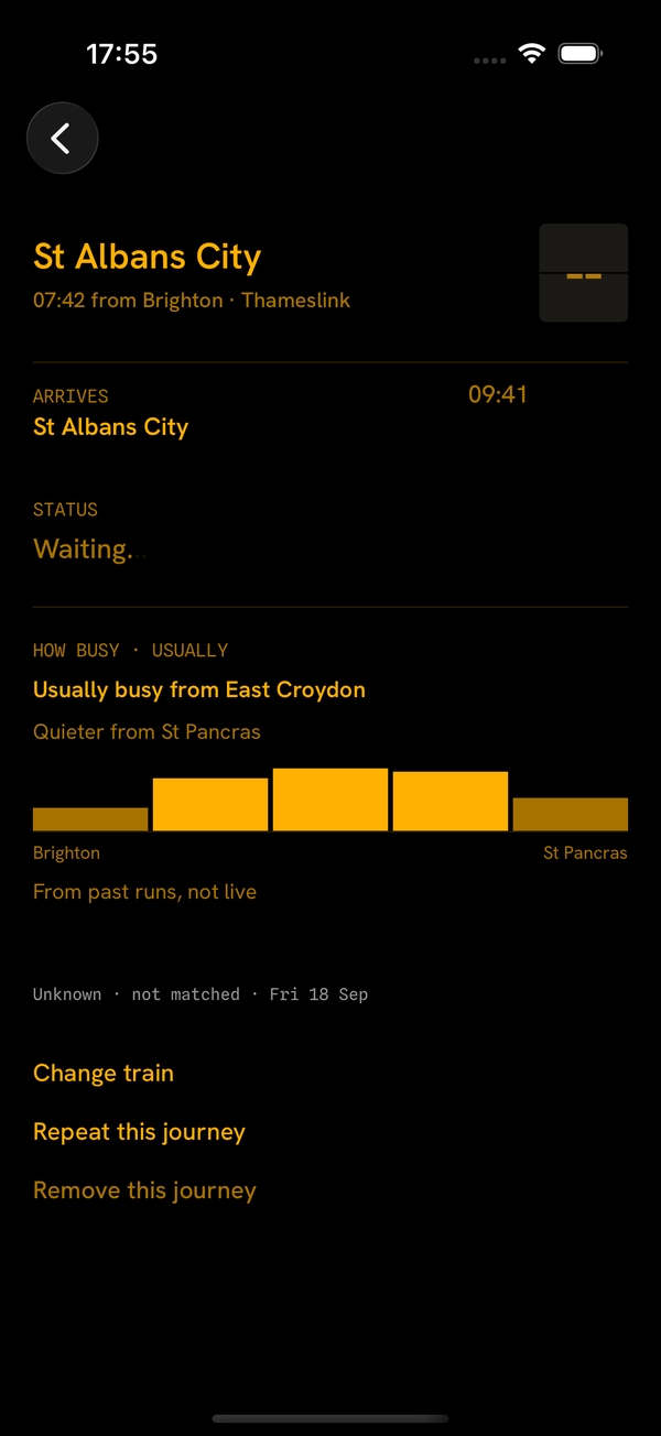 How busy, usually: bars for each stop from Brighton to St Pancras, usually busy from East Croydon.