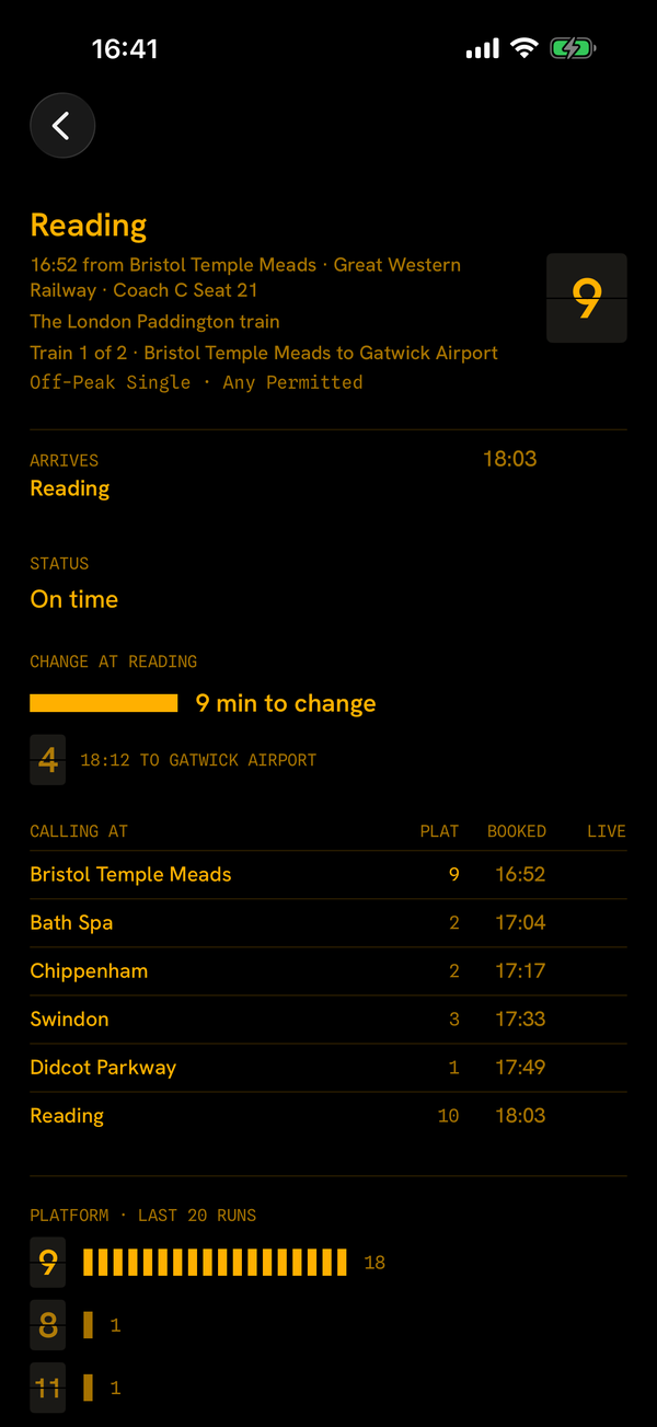 Leg detail for the 16:52 to Reading, train 1 of 2, Bristol Temple Meads to Gatwick Airport, with 9 minutes to change at Reading.