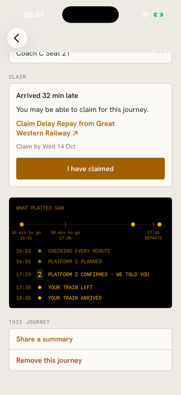 A journey page: arrived 32 min late, claim Delay Repay from Great Western Railway, claim by Wed 14 Oct, and the I have claimed button.