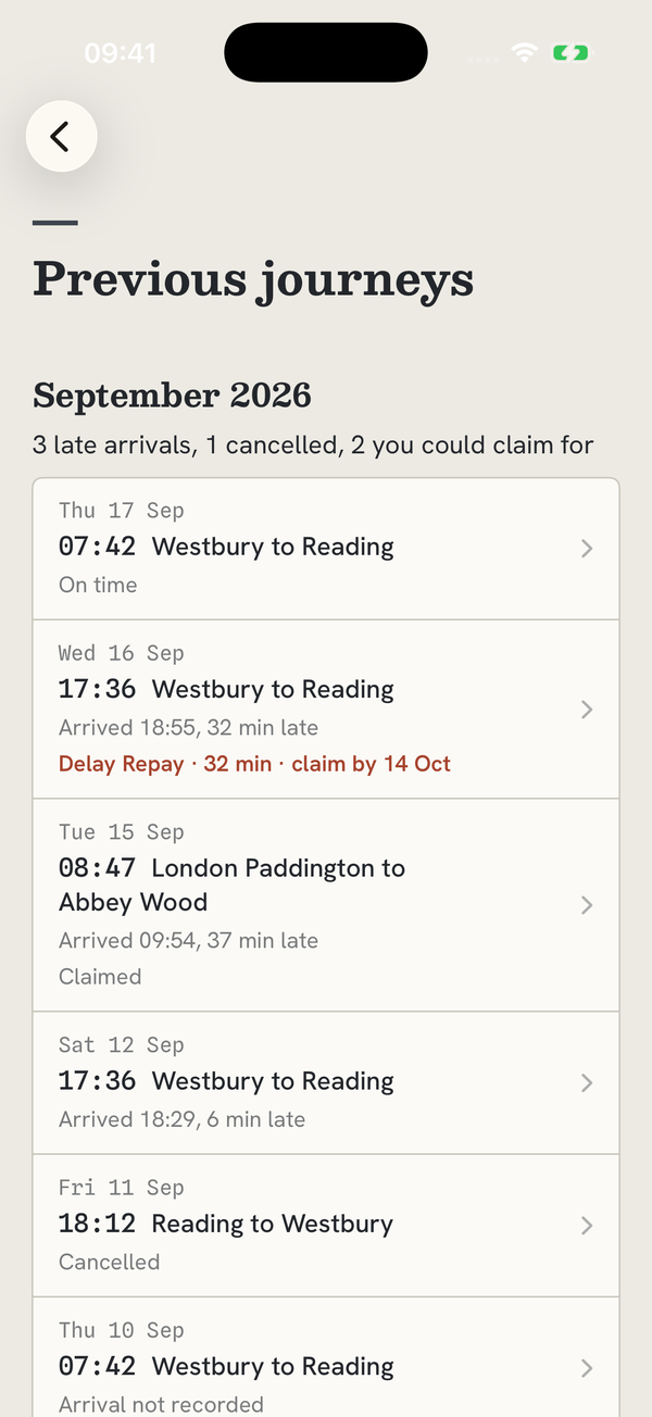 Previous journeys for September 2026: 3 late arrivals, 1 cancelled, 2 you could claim for, with each journey and a red claim marker on one.